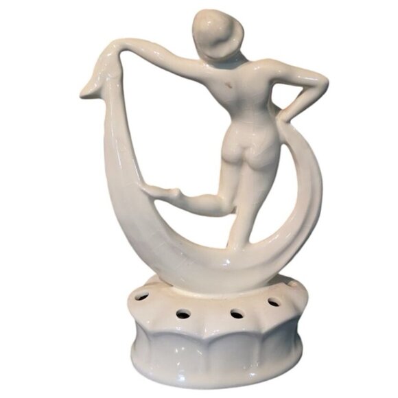 Antique Flower Frog Ceramic Dancing Lady Figurine 8.5" Tall Glossy Ivory READ - Picture 4 of 12